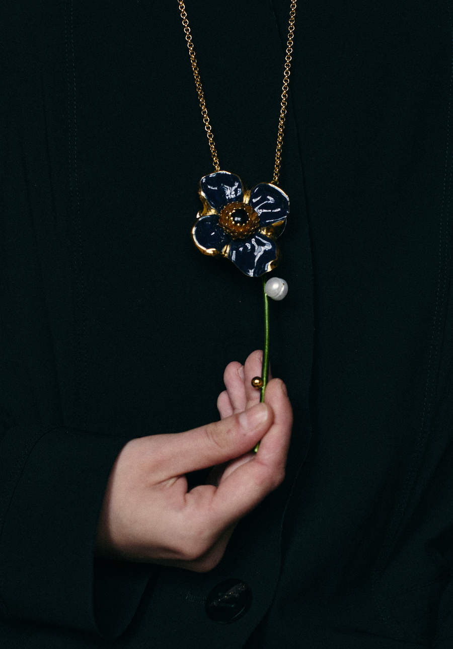 Sautoir Broche Camelia Tige Bleu