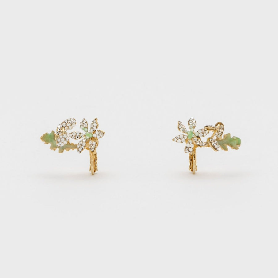 boucles d'oreilles Eddy, bouquet doré, strass et résine verte