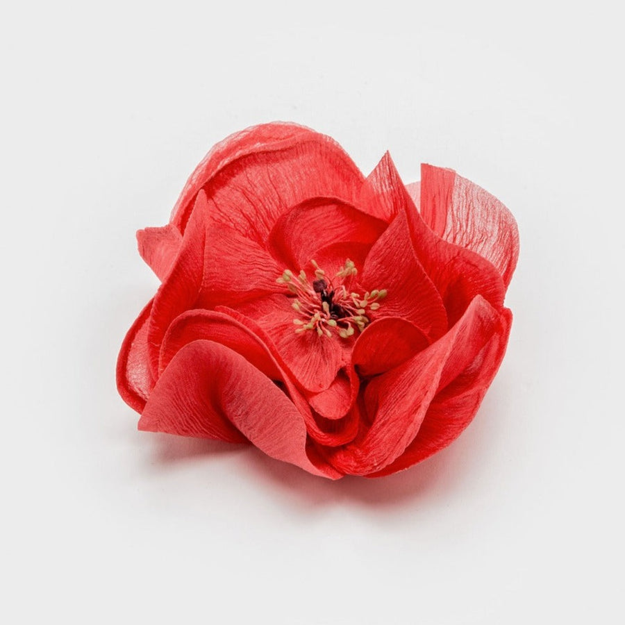 broche fleur Rosier en mousseline de soie rouge capucine